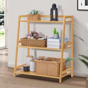 MoNiBloom 3 Tier Ladder Bookshelf, Bamboo Multifunctional Display Flower Plant Stand Rack Bookcase Shelf Storage Organizer for Living Room Office Garden Kitchen, Natural