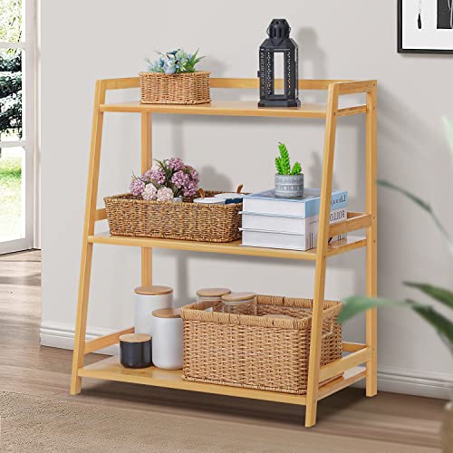 MoNiBloom 3 Tier Ladder Bookshelf, Bamboo Multifunctional Display Flower Plant Stand Rack Bookcase Shelf Storage Organizer for Living Room Office Garden Kitchen, Natural