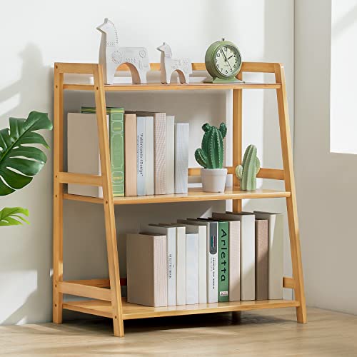 MoNiBloom 3 Tier Ladder Bookshelf, Bamboo Multifunctional Display Flower Plant Stand Rack Bookcase Shelf Storage Organizer for Living Room Office Garden Kitchen, Natural