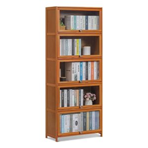 monibloom 5 tier book cabinet with acrylic doors, bamboo display shelf organizer stand for children's student, living room, home, office, brown
