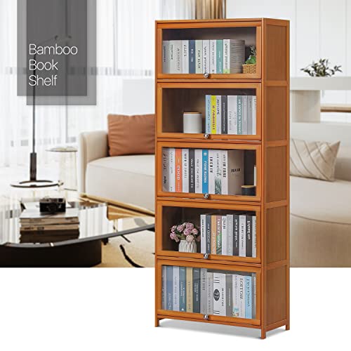 MoNiBloom 5 Tier Book Cabinet with Acrylic Doors, Bamboo Display Shelf Organizer Stand for Children's Student, Living Room, Home, Office, Brown