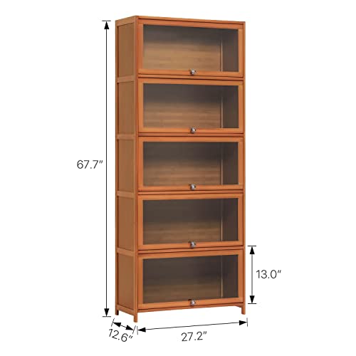 MoNiBloom 5 Tier Book Cabinet with Acrylic Doors, Bamboo Display Shelf Organizer Stand for Children's Student, Living Room, Home, Office, Brown