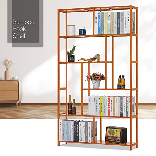 MoNiBloom 5 Tier Narrow Bookcase Etagere Organizer, Bamboo Freestanding Display Shelf Storage Organizer for Home Living Room Office Bedroom, Brown