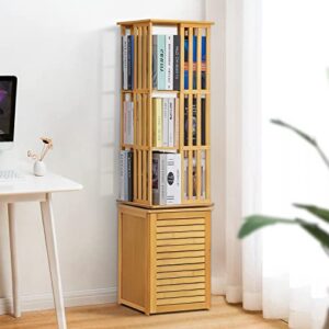 MoNiBloom Bamboo Rotating Bookcase Storage Cabinet with Door, 3 Tier Open Shelves Free Standing Bookshelf Display Organize for Living Room Bedroom, Natural