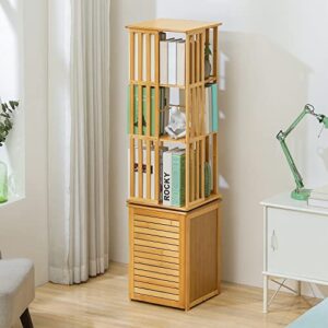 MoNiBloom Bamboo Rotating Bookcase Storage Cabinet with Door, 3 Tier Open Shelves Free Standing Bookshelf Display Organize for Living Room Bedroom, Natural