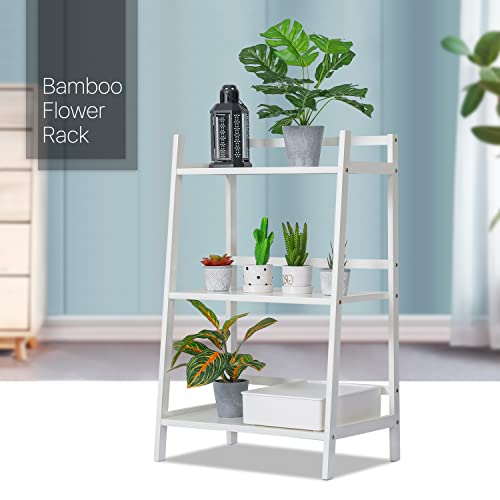 MoNiBloom Ladder Shelf for Plant Flower Book, Bamboo 3-Tier Trapezoid Storage Shelf Organizer for Living Room Balcony Kitchen Bathroom Home Office, White