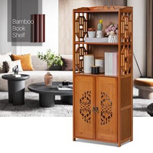 MoNiBloom 4 Tier Bookcase with Storage Cabinet, Bamboo Book Shelves Display Shelf with Carved Door for Home Office Living Room Study Room, Brown