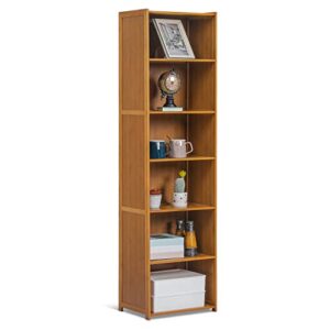 monibloom narrow 6 tier bookcase, bamboo tall freestanding display storage shelves collection decor furniture for home living room kitchen, brown