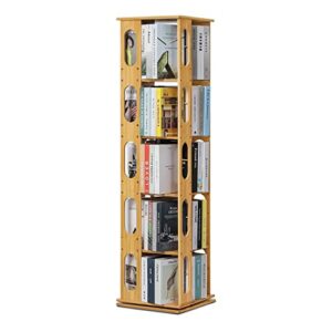 monibloom 5 tier bookcase 360 degree rotating, tall bamboo book shelf storage display rack organizer with semi-hollow for living room corner, front window, natural