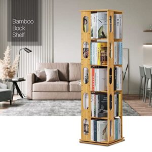 MoNiBloom 5 Tier Bookcase 360 Degree Rotating, Tall Bamboo Book Shelf Storage Display Rack Organizer with Semi-Hollow for Living Room Corner, Front Window, Natural