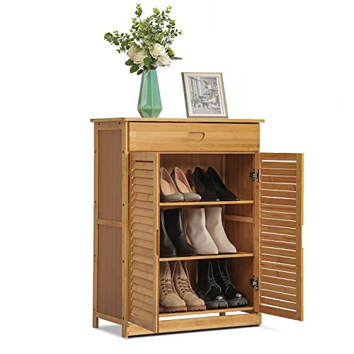 MoNiBloom Bamboo 3 Tier Shoe Storage Cabinet with 1 Drawer & Shutter Door Shoes Organizer Rack for 6-10 Pairs Entryway Hallway Living Room, Natural