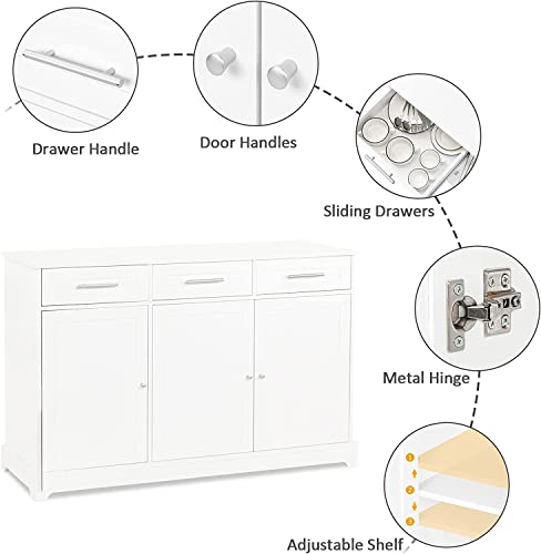 VINGLI Sideboard Cabinet Buffet Table Kitchen Storage Cabinet White Credenza Sideboards and Buffets with Storage Coffee Bar Cabinet with 3 Drawers and Doors for Home Kitchen, Dining Room, Living Room