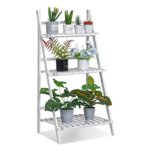 MoNiBloom Folding Bamboo Ladder Shelf 3 Tier Flower Pot Plant Display Rack Stand Organizer Holder for Home Garden Patio Balcony Indoor Outdoor Use, White