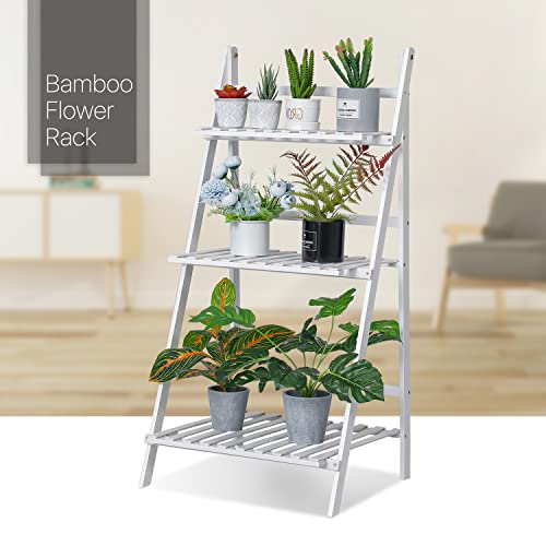 MoNiBloom Folding Bamboo Ladder Shelf 3 Tier Flower Pot Plant Display Rack Stand Organizer Holder for Home Garden Patio Balcony Indoor Outdoor Use, White