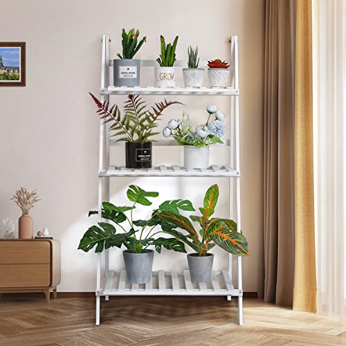 MoNiBloom Folding Bamboo Ladder Shelf 3 Tier Flower Pot Plant Display Rack Stand Organizer Holder for Home Garden Patio Balcony Indoor Outdoor Use, White