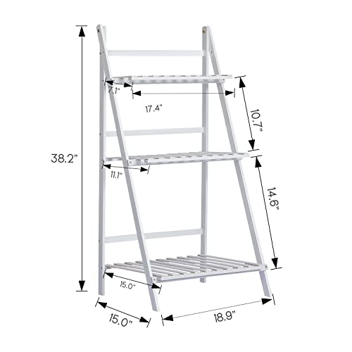 MoNiBloom Folding Bamboo Ladder Shelf 3 Tier Flower Pot Plant Display Rack Stand Organizer Holder for Home Garden Patio Balcony Indoor Outdoor Use, White