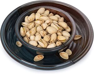 pistachio bowl, double dish holder bowl pedestal and sunflower seed nut bowl with shell storage chip and dip dipping bowl, veggies, nuts, guacamole, cheese or pita tray - party platter 8"w & 2"h