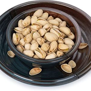 Pistachio Bowl, Double Dish Holder Bowl Pedestal and Sunflower Seed Nut Bowl with Shell Storage Chip and Dip Dipping Bowl, Veggies, Nuts, Guacamole, Cheese or Pita Tray - Party Platter 8"W & 2"H