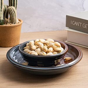 Pistachio Bowl, Double Dish Holder Bowl Pedestal and Sunflower Seed Nut Bowl with Shell Storage Chip and Dip Dipping Bowl, Veggies, Nuts, Guacamole, Cheese or Pita Tray - Party Platter 8"W & 2"H