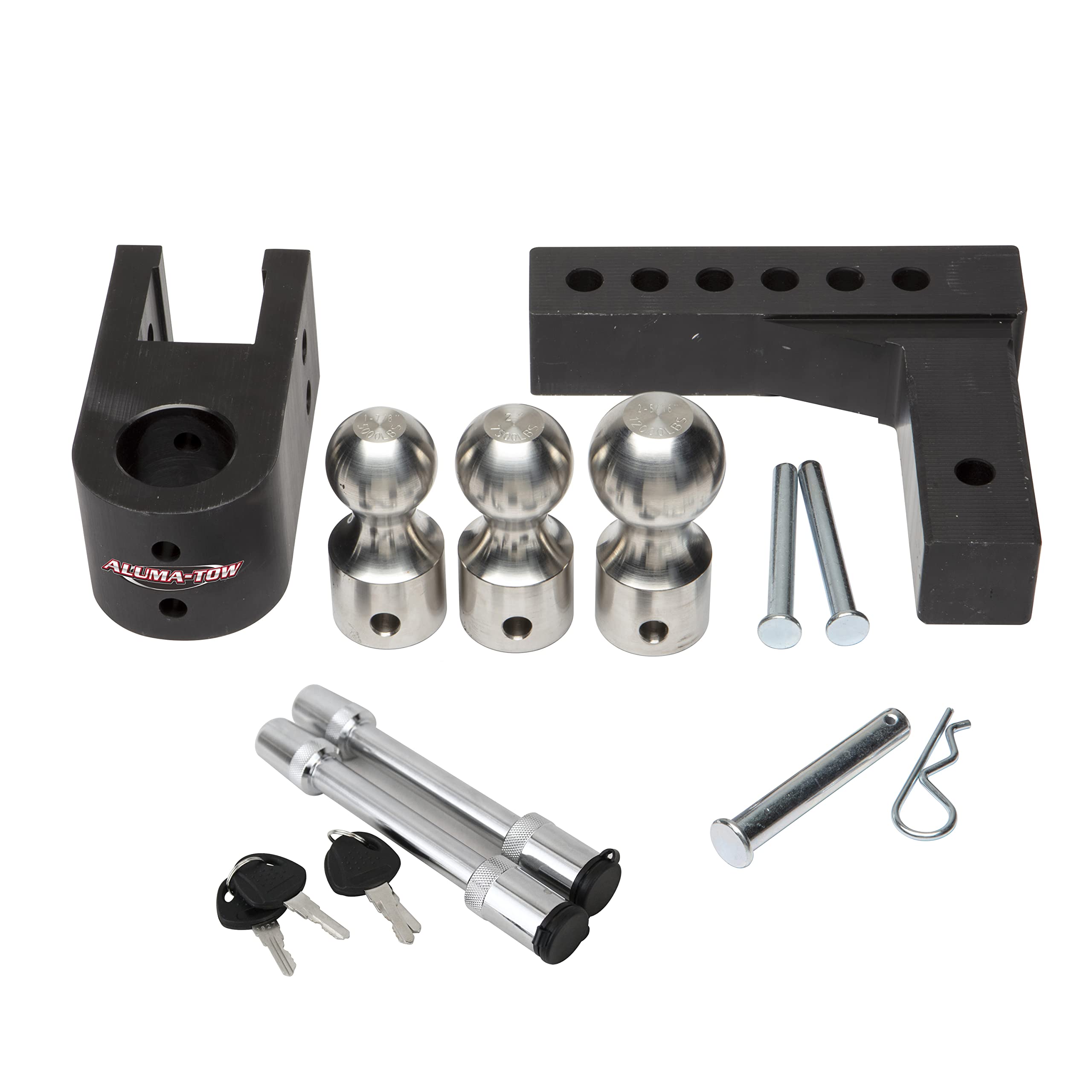 Aluma-Tow Ultra 6" Drop, 6 3/4" Rise Stainless Steel Balls and Locks Adjustable Aluminum Hitch UT623800 for 2" Receivers w Stainless Steel Locking Pins 12,000 lbs GTWR, Black