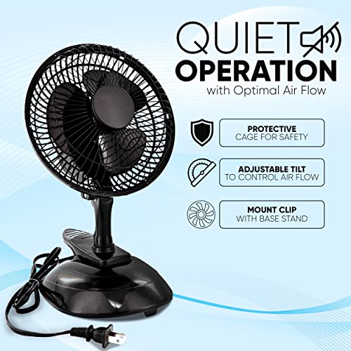RamPro Portable Desk and Clip on Fan, 6 Inch Fans Small and Quiet Plug In, Small Personal Cooling Fan for Desk Home Bedroom Office, 2 Speed, Adjustable Tilt, Black