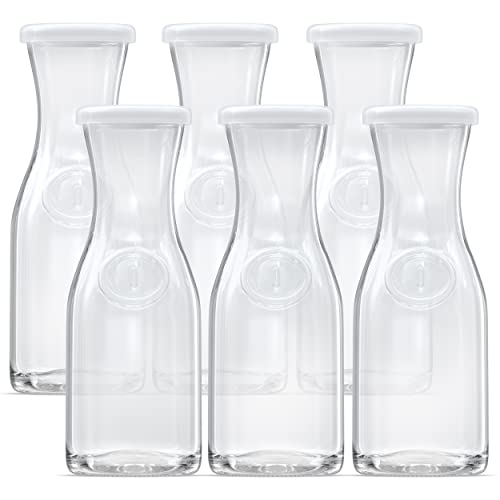 Kook Small Glass Carafes with Lids, Mini Beverage Pitcher, Clear Jugs for Mimosa Bar, Water, Wine, Milk, Juice, 17.3 oz, Set of 6