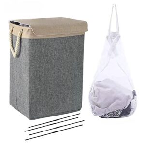 laundry basket with lid & inner liner bag collapsible stand large hamper for bedroom bathroom dorm, toys clothing organization 77l (grey) (‎eyh003001)