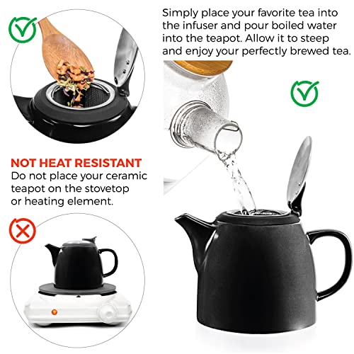 Tealyra - Drago Ceramic Small Teapot Black - 22oz (2-3 cups) - With Stainless Steel Lid and Extra-Fine Infuser for Loose Leaf Tea - Lead-free - 650ml