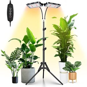 lordem grow light with stand, full spectrum led plant light for indoor plants, 200w dual heads grow lamp with auto on/off timer, 3 lighting modes, 6 dimmable levels, adjustable tripod 15-63 inches