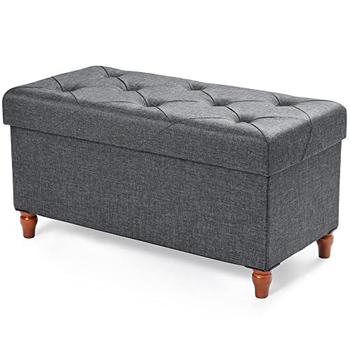 Nicehill Storage Ottoman with Wooden Legs, Nicehill Ottoman with Storage for Living Room, Folding Storage Ottoman Bench for Bedroom, Ottoman Foot Rest Stool, Linen Fabric Dark Grey 30" Ottoman