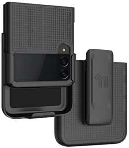 case with clip for galaxy z flip 3 5g, nakedcellphone [grid texture] slim hard shell cover and [rotating/ratchet] belt hip holster holder combo for samsung z flip3 phone (sm-f711, 2021) - black