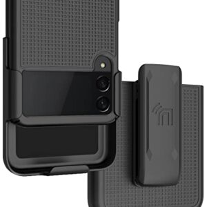 Case with Clip for Galaxy Z Flip 3 5G, Nakedcellphone [Grid Texture] Slim Hard Shell Cover and [Rotating/Ratchet] Belt Hip Holster Holder Combo for Samsung Z Flip3 Phone (SM-F711, 2021) - Black
