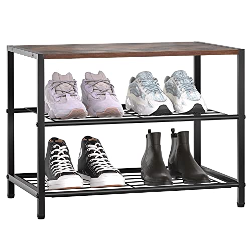 YOUDENOVA Metal Shoe Rack, 3-Tier Shoe Shelf with MDF Wood Top Board, Shoe Tower for Entryway, Shoe Storage Organizer for Hallway, Closet, Bedroom, Living Room - Rustic Brown