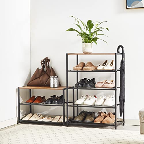 YOUDENOVA Metal Shoe Rack, 3-Tier Shoe Shelf with MDF Wood Top Board, Shoe Tower for Entryway, Shoe Storage Organizer for Hallway, Closet, Bedroom, Living Room - Rustic Brown