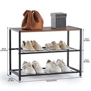 YOUDENOVA Metal Shoe Rack, 3-Tier Shoe Shelf with MDF Wood Top Board, Shoe Tower for Entryway, Shoe Storage Organizer for Hallway, Closet, Bedroom, Living Room - Rustic Brown