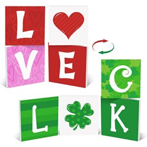 st. patrick's day tiered tray decor reversible valentine's day wooden sign st patricks decorations lucky shamrock love luck heart self-standing blocks table sign for kitchen irish party table decor