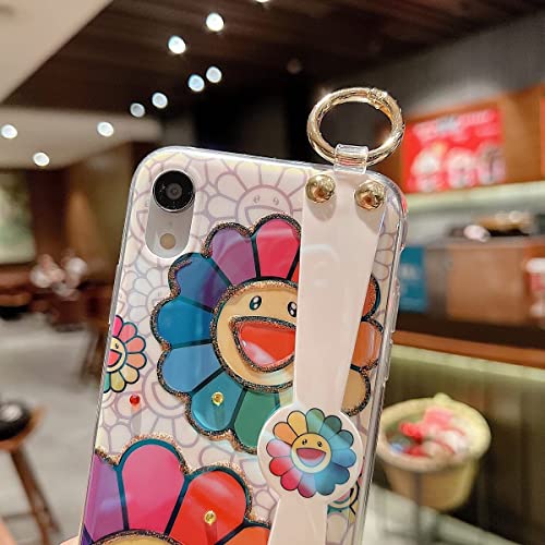 Lastma for iPhone XR Case Cute with Wrist Strap Kickstand Glitter Bling Cartoon IMD Soft TPU Shockproof Protective Cases Cover for Girls and Women - Sunflower