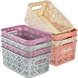 frcctre 8 pack plastic storage baskets with handle, portable hollow desktop storage baskets, stackable organize bins for home, bathroom, classrooms, office, school, flower pattern