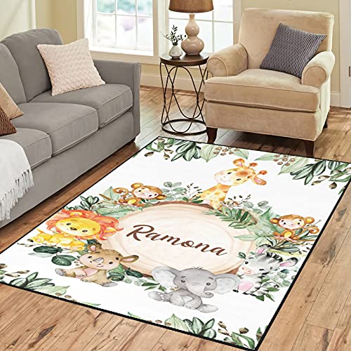 Personalized Cute Greenery Wild Jungle Safari Animals 5.2'x7.5' Non-Slip Area Rug with Name Text Custom Carpet Floor Mat for Boy Girl Teen Mom Dad Birth Christmas