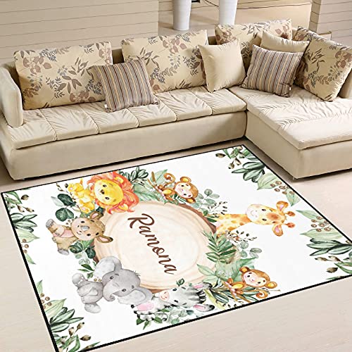 Personalized Cute Greenery Wild Jungle Safari Animals 5.2'x7.5' Non-Slip Area Rug with Name Text Custom Carpet Floor Mat for Boy Girl Teen Mom Dad Birth Christmas