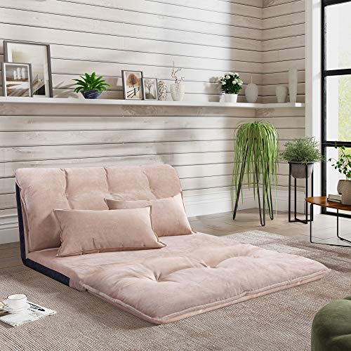 Adjustable Floor Sofa Bed with 2 Pillows , Folding Futon Couch Leisure Lazy Sofa with 5 Reclining Position, Suede Floor Sofa for Reading or Gaming in Bedroom/Living Room/Balcony,Beige