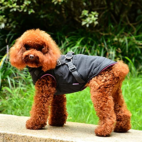 HOMU Dog Warm Vest Jacket Harness Pet Winter Clothes Coat Puppy 2 in 1 Outfit Cold Weather Waterproof Cotton Padded Apparel Sweater for Small Dogs and Medium Black