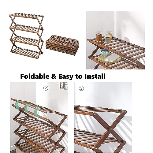 SUWUYUE Bamboo Shoe Rack 4 Tier Multifunctional Free Standing Shoe Shelf Foldable Shoe Rack Entryway Storage Organizer for Hallway Bathroom Living Room Bedroom, Balcony