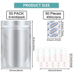 MUACL 50 Mylar Bags for Food Storage-10"x14" Extra Thick mylar bags with 50pcs*400cc Oxygen Absorbers and Label Stickers ,for Wheat, Rice, Legumes Meat Long Term Food Storage Home Organization