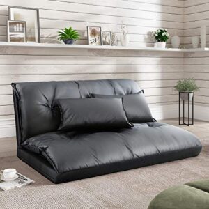 adjustable floor sofa bed with 2 pillows , folding futon couch leisure lazy sofa with 5 reclining position, pu floor sofa for reading or gaming in bedroom/living room/balcony,black