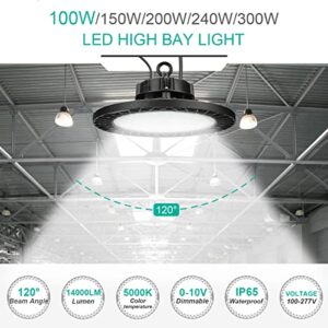 Fuonce LED HighBay Light 100W 0-10V Dimmable 5000K 1,4000LM,2Pack UFO High Bay Shop Lights,IP65Wateproof, Approved for Commercial Warehouse Workshop Factory Barn FCC UL DLC Listed (100)