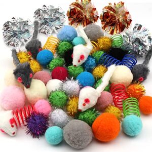 PietyPet 60 Packs Cat Toys Balls Set Spiral Springs Assorted, Kitten Ball Toys Assortments, Sparkle Ball, Cat Mouse Toy, Cat Crinkle Balls, Cat Springs, Furry Cat Toys Balls Soft Pom Pom Balls