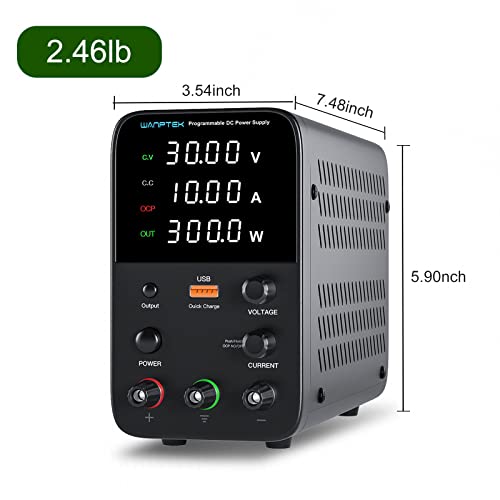 DC Power Supply Variable, Bench Power Supply with Output Switch, Short Circuit Alarm, Adjustable Switching Regulated Power Supply 30V 10A with 4-Digits LED Power Display, USB Quick-Charge Interface