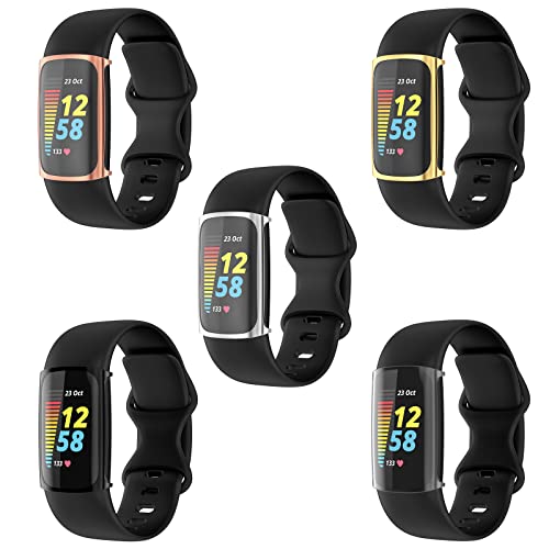 Simpeak 5-Pack Soft Screen Protector Bumper Case Compatible with Fitbit Charge 6 Charge 5 Smartwatch, Full Protection, Rose Pink/Clear/Silver/Black/Rose Gold