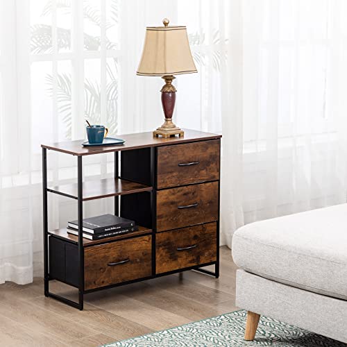 Duhome Rustic Storage Dresser with 4 Drawers, 3 Shelves, Fabric Drawer Dresser for Bedroom Living Room, End Table with Wooden Top and Front, Rustic Brown and Black